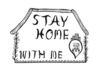Draw hand logo at the slogan Stay home Covid-19 home with house inside. Prevention of campaigns or measures from coronavirus, COVID-19 at home. Message Coronavirus hashtag messages, COVID 19