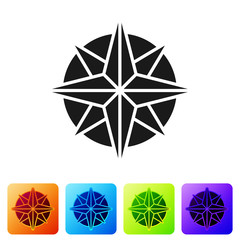 Black Wind rose icon isolated on white background. Compass icon for travel. Navigation design. Set icons in color square buttons. Vector Illustration