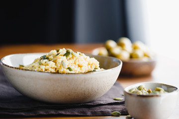 Bulgur with pepitas, healthy nutrition easy recipe from long-stored food.