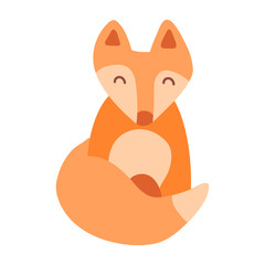 Little red fox sits isolated on a white background. Cute print for the design of toys, clothes, shoes, goods for children. Wild animal in the Scandinavian stele. Cartoon fox in a flat style.