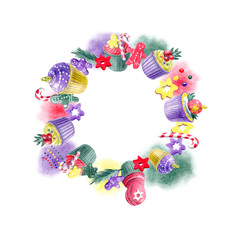 Circle composition of hand painted Christmas cupcakes, abstract spots and different decorations. Yellow, red, purple and green color palette. For templates,  invitation, greeting and postcardse