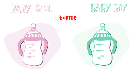 Set of hand drawn baby bottles for feeding babies, newborns. Isolated on white background, vector illustration.