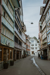 Closed stores and empty streets in the famous Appenzell. Taken in Appenzell/Switzerland, May 6. 2020