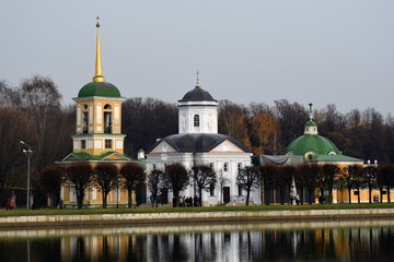 Old church. Kuskovo public park in Moscow. Popular landmark.