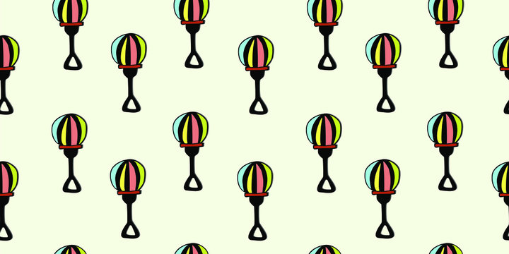 Children's, bright, plastic rattle toys, Round musical, striped toy, seamless texture on a light background, vector