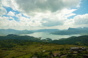 Fototapeta premium hils and view of pavna lake from lohagarh fort in lonavla maharashtra