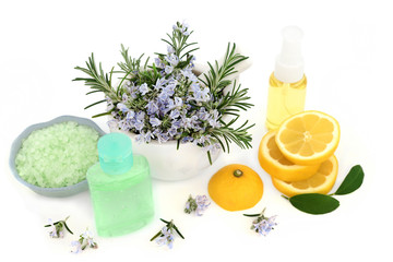 Rosemary herb & lemon skin care vegan beauty treatment with aromatherapy moisturising oil, gel & ex...