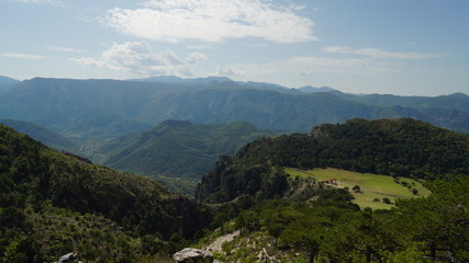 View of the mountain plateau with lonely buildings on a summer day