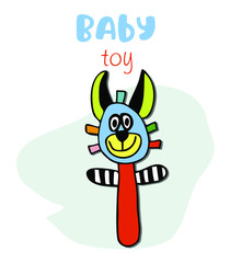 Soft, children's toy bright, multi-colored zebra burro, rattle rodent, isolated vector on a transparent background. 