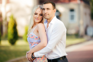 Loving couple walking in the city. Lviv