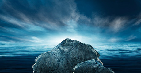 Sea futuristic, minimalistic landscape, dark blue sky, sea waves, large stones and a shell....