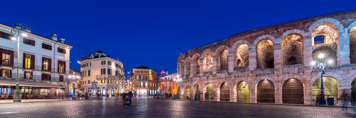 Panoramic evening view of Piazza Bra, Verona, Italy, Veneto