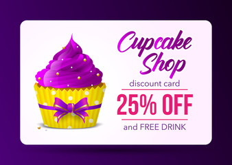 discount card muffins store, homemade desserts, sweets. Banner, flyer, gift card. Vector illustration