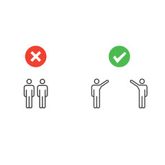 Social distancing pictogram. Two human figures examples standing straight close and far away from each other. Right and wrong demonstration. Outline sign. Separate.Personal space. Sickness prevention.