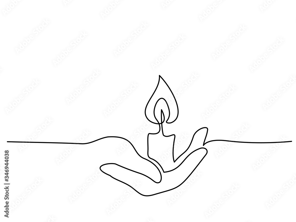 Wall mural Continuous one line drawing. Hand holding burning candle