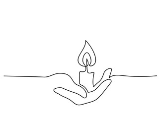 Continuous one line drawing. Hand holding burning candle