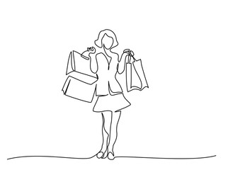 Happy young woman with shopping bags one line drawing