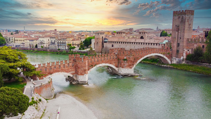 Castelvecchio bridge, Verona, Sunset, Aereal View, italy, Castel Vecchio, Verona City