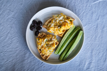 Homemade Paleo, Gluten Free and Sugar Free Healthy Waffles served with Scrambled Eggs