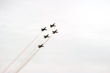 Moscow, Russia-July 22, 2017: Russ aerobatic team on Albatros L-39 aircraft fly in formation at the MAKS-2017 air show