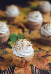 Autumn fall spicy cupcakes with walnuts, on the wooden rustic background, decorated with fall leaves. 