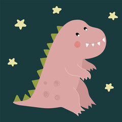 Cute children's toy  toothy dinosaur on a night   background with stars.Can be used for baby t-shirt print, fashion print design, kids wear, greeting and invitation card.
