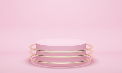 Cylindrical podium with golden rings on a pink background. 3d rendering