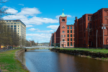 Historic Pacific Mills by the Merrimack River Canal in downtown Lawrence, Massachusetts MA, USA. 
