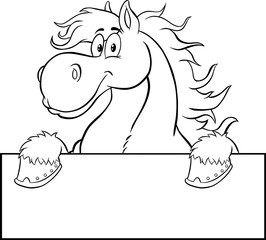 Black And White Horse Cartoon Character Over A Sign. Vector Illustration Isolated On White Background