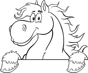 Black And White Horse Cartoon Character Over A Blank Sign. Vector Illustration Isolated On White Background