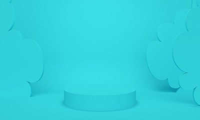 Cylindrical podium with wavy shapes on a blue background. 3d rendering