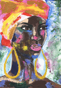 Portrait of african woman in street style hand drawn acrylic on canvas. African woman in turban portrait pop art style picture. Acrylic beauty african woman. Painting fashion illustration. 