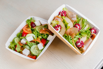 2 Green natural salads in eco thermo box with microgreen, veal, cucumber, tomato, cheese, garnet, peal. Safety delivery at quarantine covid 19. On line order delivered to people who stay at home
