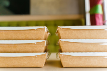 3+3 salads advertise for social networks. 6 Green natural salads in eco thermo box. Organic dishes. Biodegradable disposable tableware. Safety delivery at quarantine covid 19. On line order.