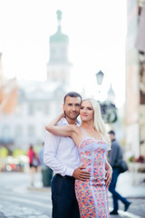 Smiling couple in love outdoors, lviv. summer