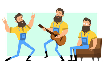 Cartoon flat funny strong muscular bearded lumberjack in blue jeans. Ready for animation. Man playing rock and roll on acoustic guitar. Isolated on green background. Vector icon set.