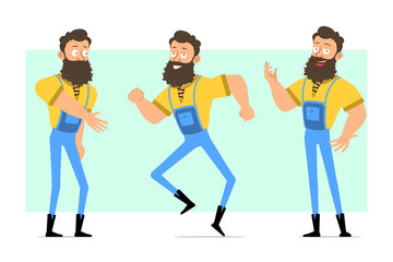 Cartoon flat funny strong muscular bearded lumberjack in blue jeans. Ready for animation. Man shaking hands and dancing. Isolated on green background. Vector icon set.