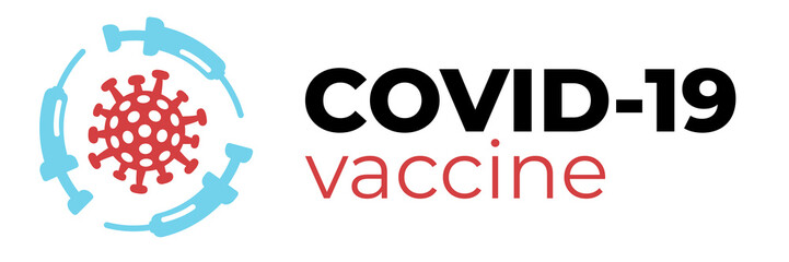 Covid-19 vaccine or cure logo concept with syringes about time when coronavirus 2019-nCoV is defeated, medical victory over corona virus. Flat vector illustration for headers, posters, flyers.