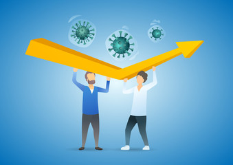 Global economic downfall. Coronavirus economic impact. Two Businessmen try to stopping falling diagram. Vector flat illustration concept on blue background.