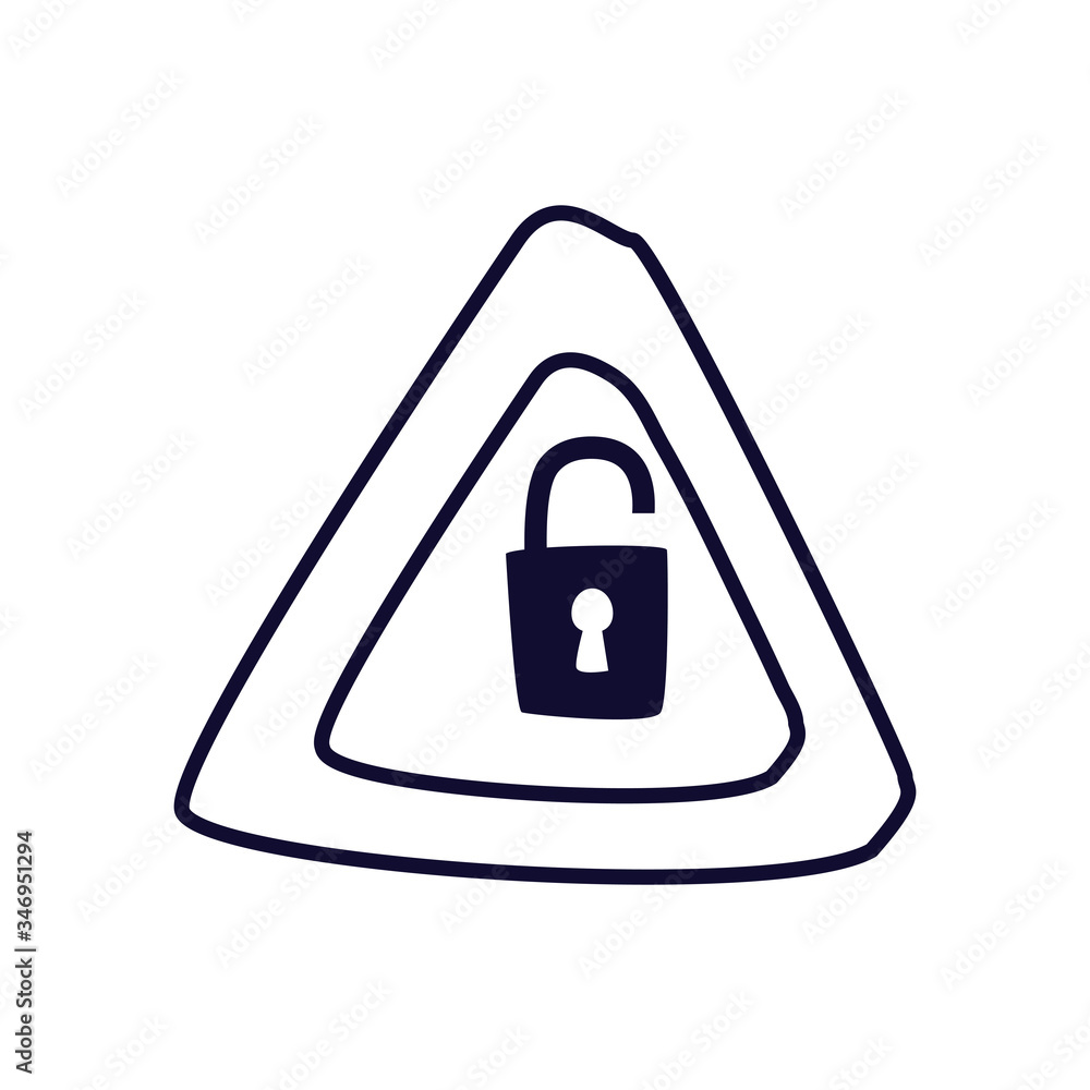 Poster padlock inside alarm triangle banner line style icon vector design