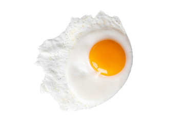 Real close-up fried egg with yellow yolk isolated on white background, top view, high resolution