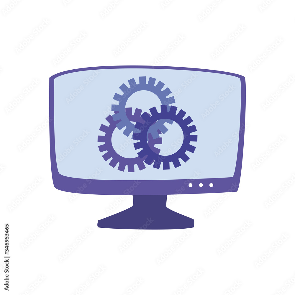 Poster computer with gears flat style icon vector design