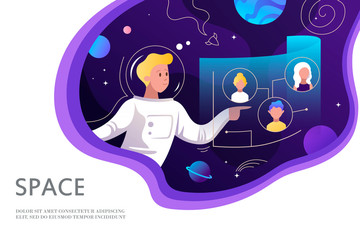 Remote work and communication. Astronaut in space controls new technologies. Vector illustration. Template for web page, banner, poster, landing, presentation.
