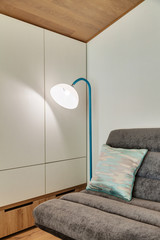a modern room with a sofa and floor lamp