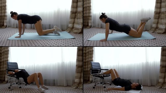 Multi-shot of a woman who is engaged in fitness at home on a blue carpet, she does push-UPS from her knees, makes a glute bridge from a chair, stands in a pose on all fours, makes swings with her feet