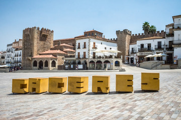plaza mayor in caceres hot summer day