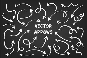 White hand drawn arrows set on gray background. Arrow, cursor Icon. Vector pointers collection. 