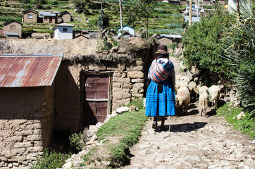 Mujer local con vestido tradicional caminando junto a unas ovejas en un pueblo de la Isla del Sol en Bolivia