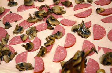 Homemade pizza. Tomato sauce on the dough, half-ring sausage, grilled mushrooms, grated hard cheese. Raw square  pizza