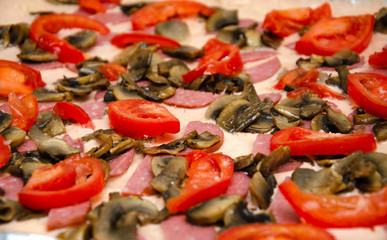 Homemade pizza. Tomato sauce on the dough, half-ring sausage, grilled mushrooms, grated hard cheese. Raw square  pizza